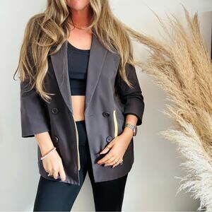 DKNY JEANS Charcoal Grey Button Offset Moto Yellow Zip $168 Blazer Jacket Coat M